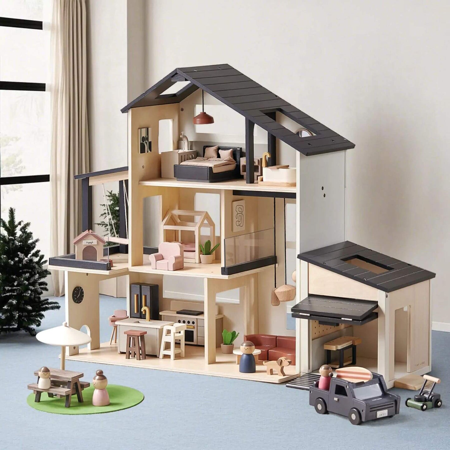 Tiny Land® Wooden Dollhouse & Garage Attached