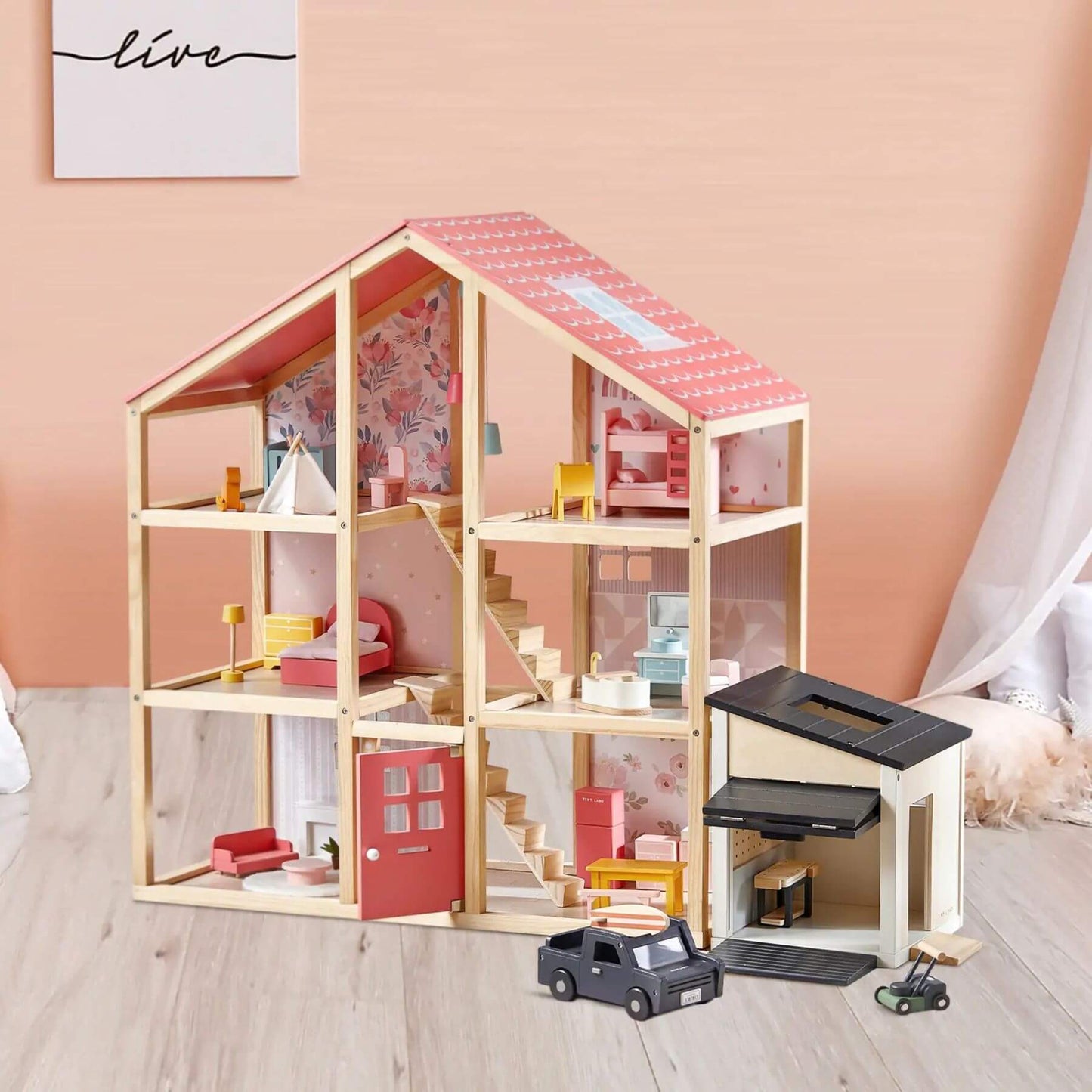 Tiny Land® Wooden Dollhouse Garage attached to Pink Dollhouse