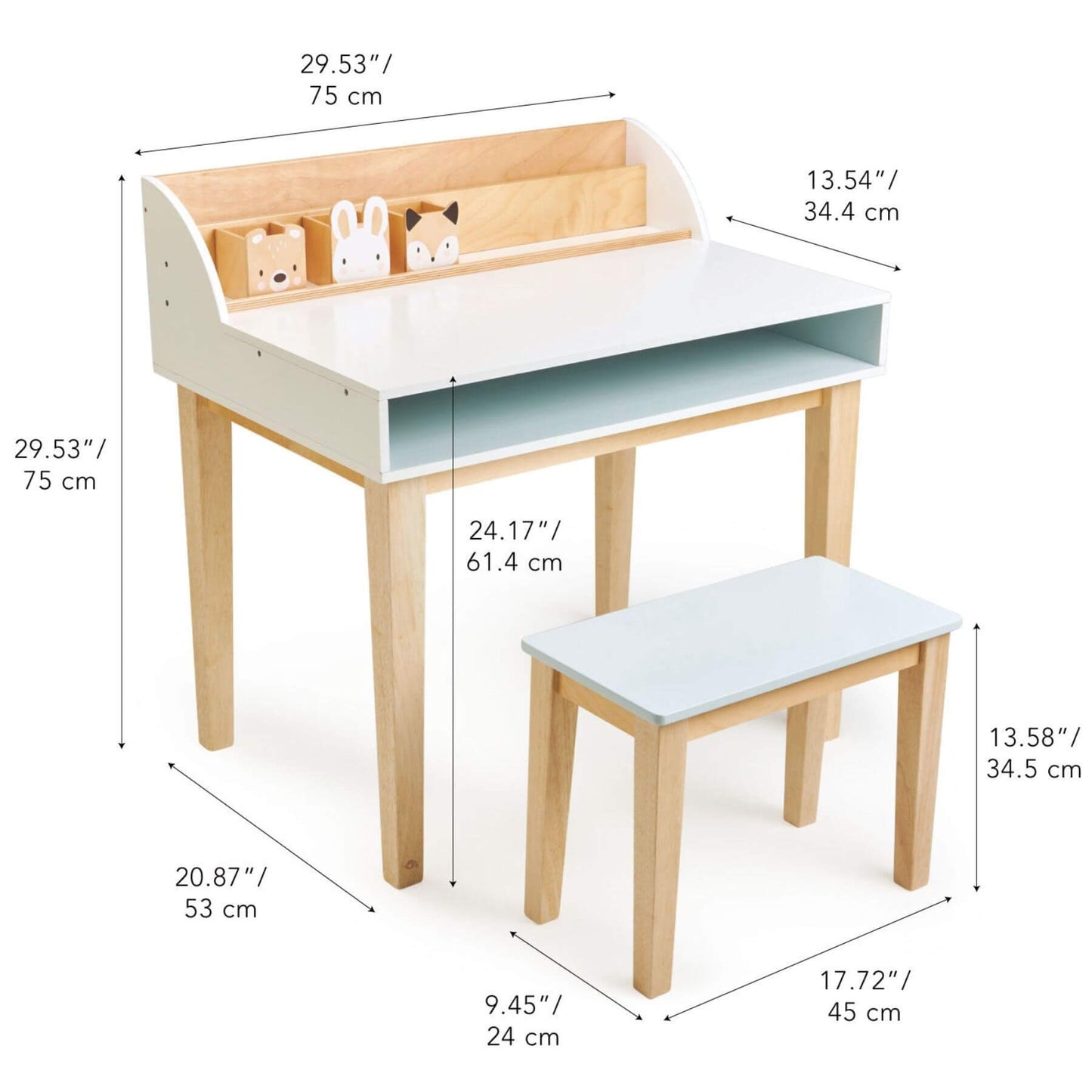 Tender Leaf Desk and Chair with dimensions labeled on a white background