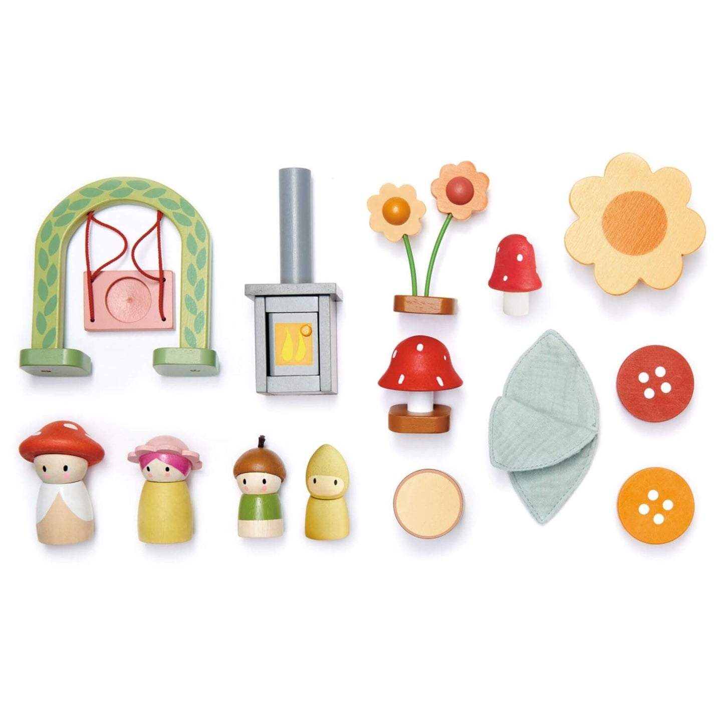 Set of colorful wooden toys including a bridge, lantern, flowers, mushrooms, and people on a white background.