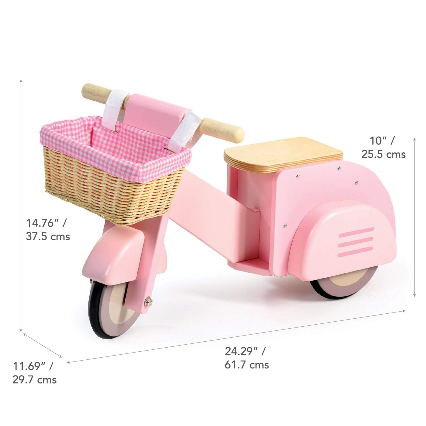 Tender Leaf Scooter with Basket and dimensions on a white background