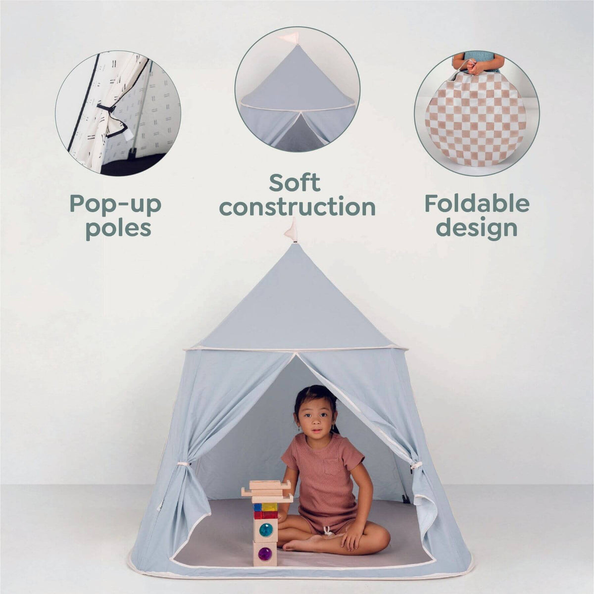 Kid playing inside Toki Kids Play Tent with features displayed