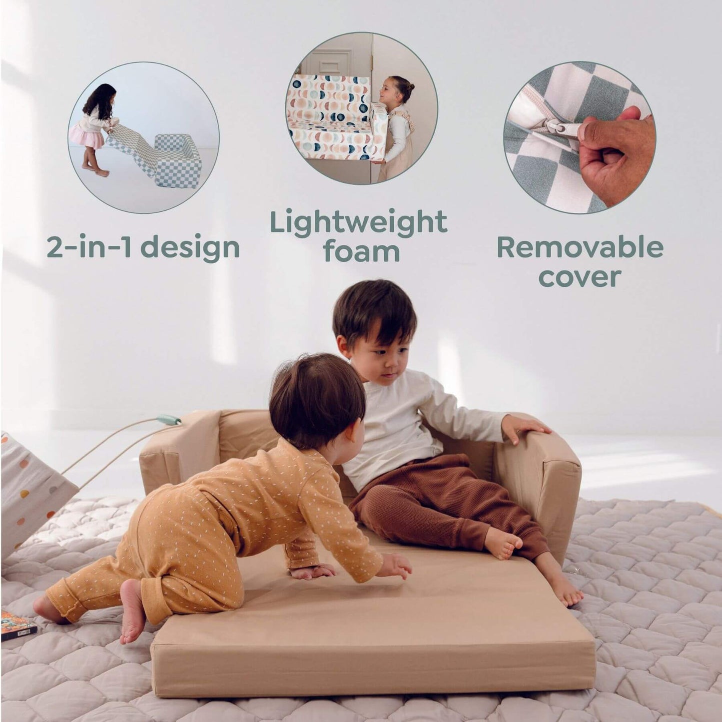 Children sitting on Toki Kids Play Couch, playing on a beige mat with product features highlighted.