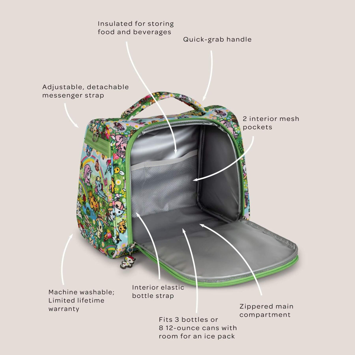 tokidoki Insulated Bottle Bag - Meadow Blooms with features highlighted on a beige background