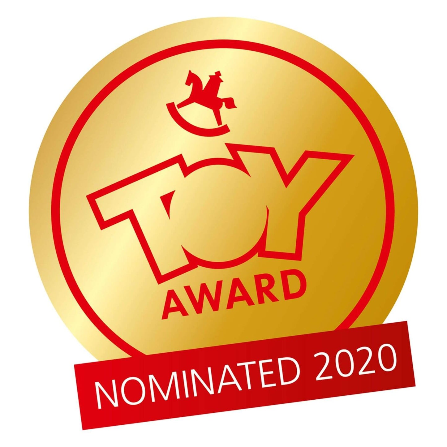 Toy Award nomination badge with gold and red design on a white background