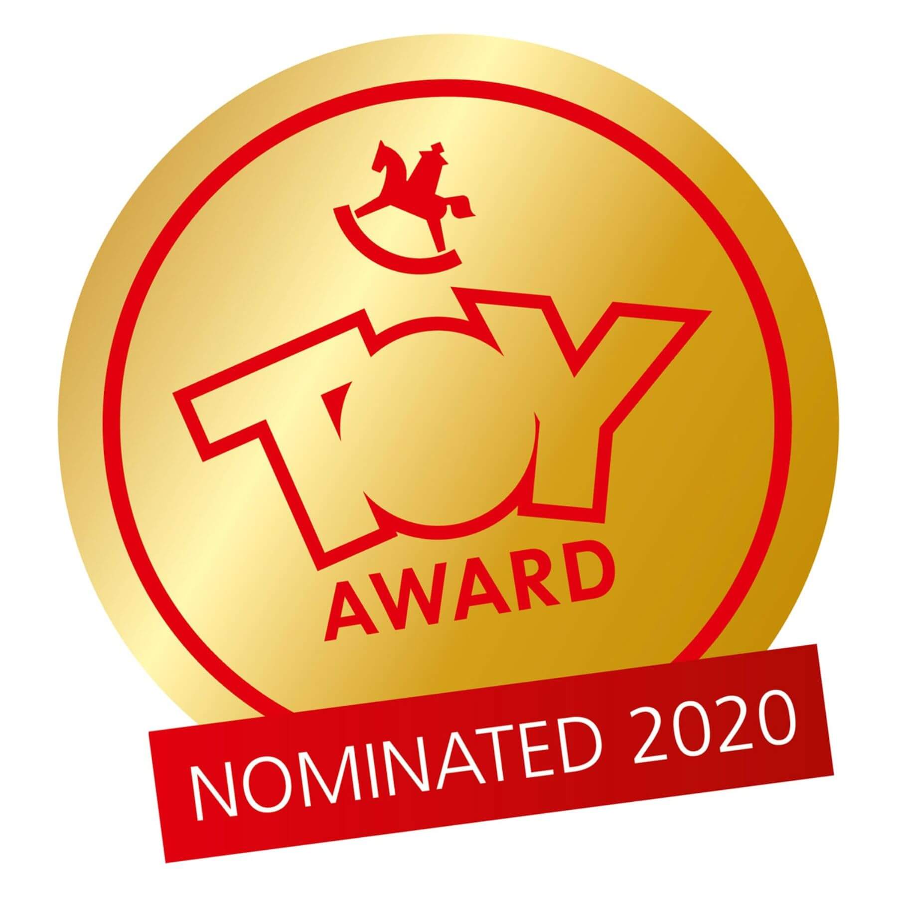 Toy Award nomination badge with gold and red design on a white background