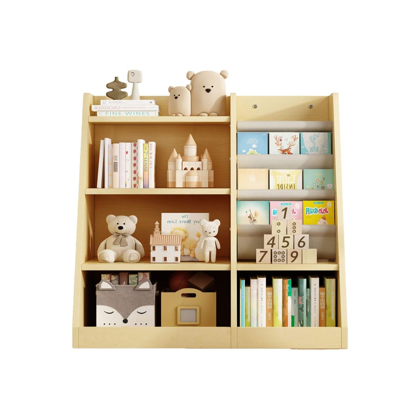 MO IM Toy Storage Organizer Kids Bookshelf - Wooden with toys and books on a white background