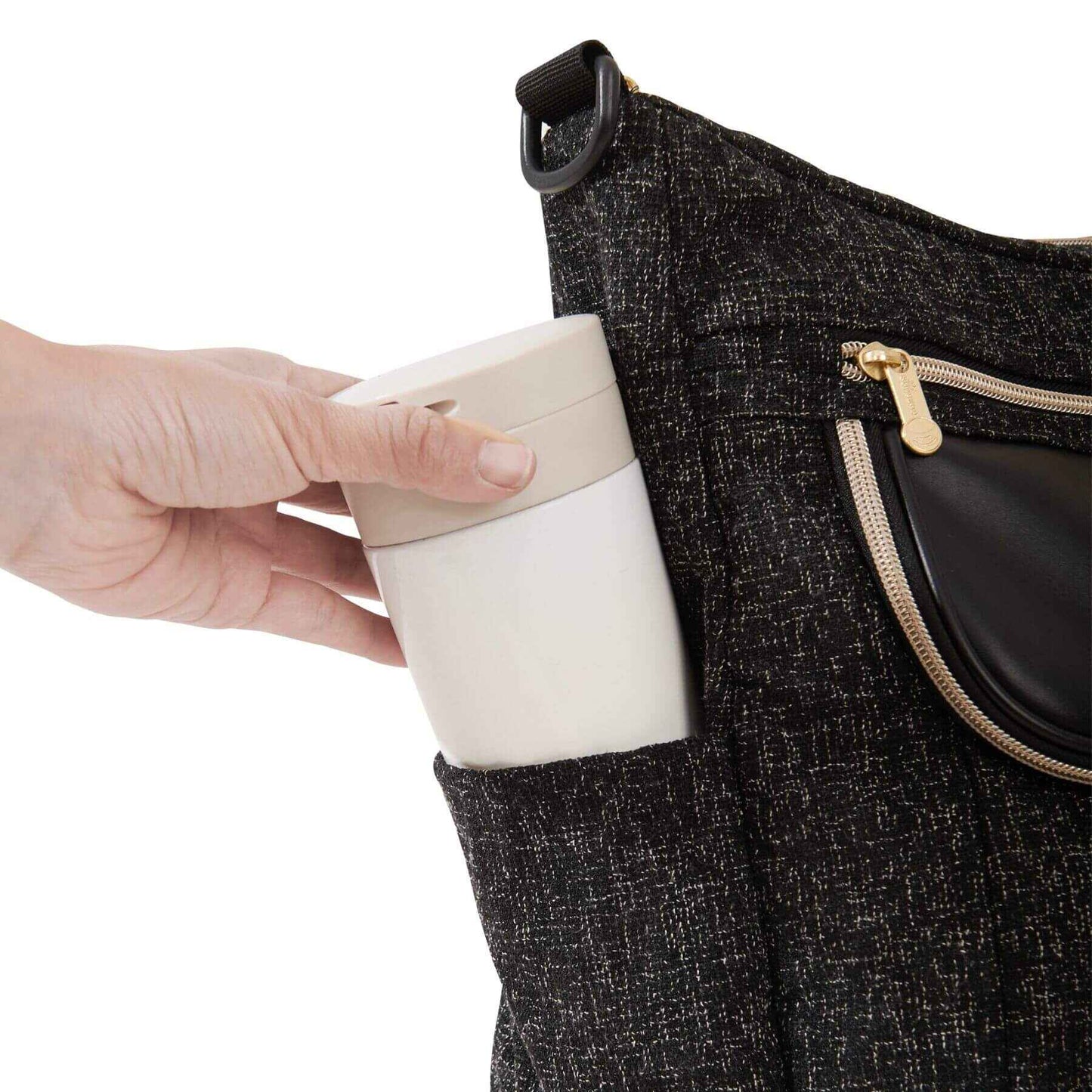 Person placing a white travel mug into Tweed Luxe Stroller Organizer Black