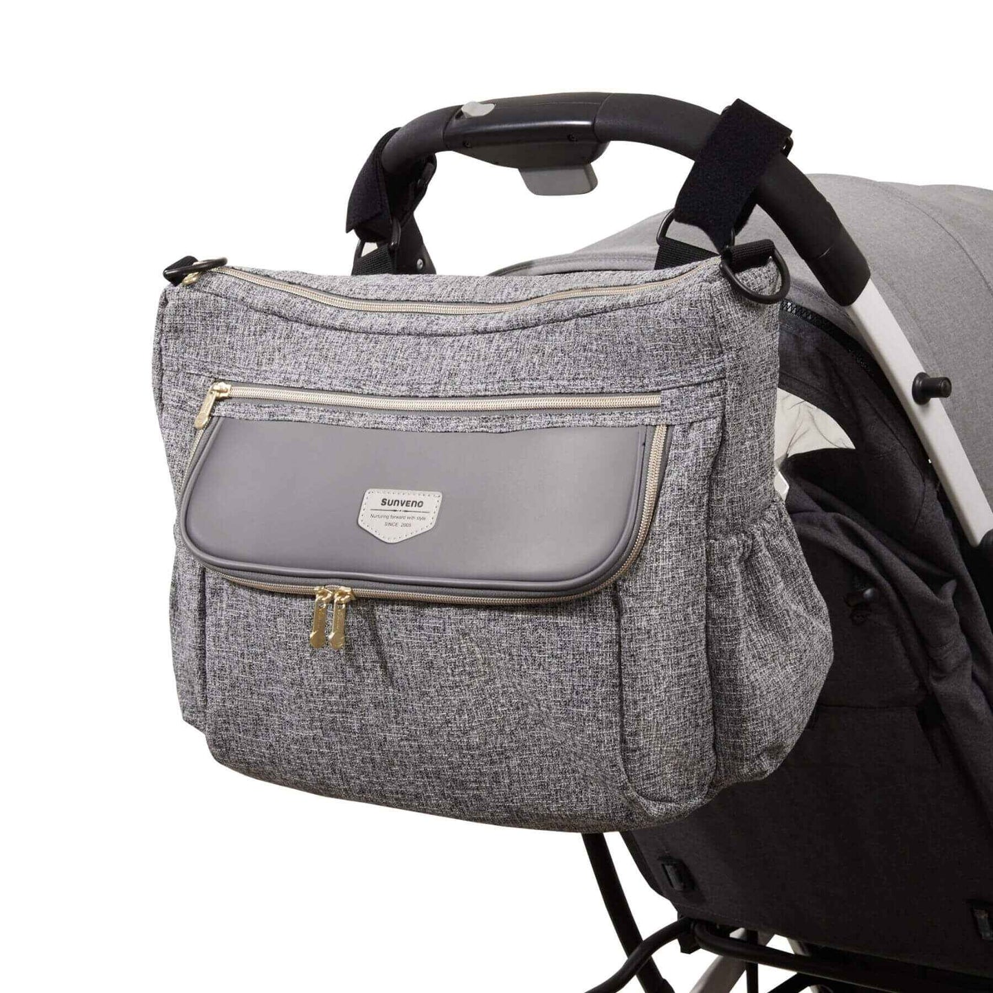 Tweed Luxe Stroller Organizer Grey attached to a stroller