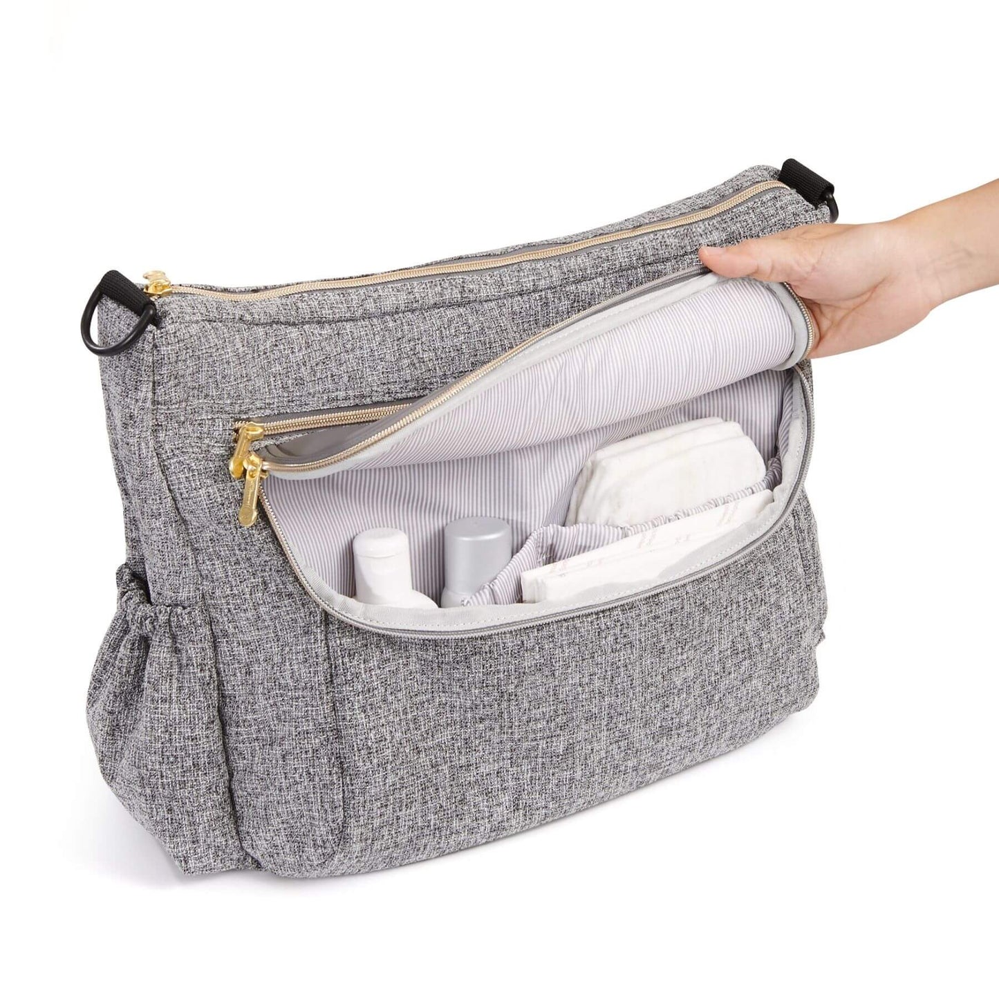Tweed Luxe Stroller Organizer with items inside on a white background