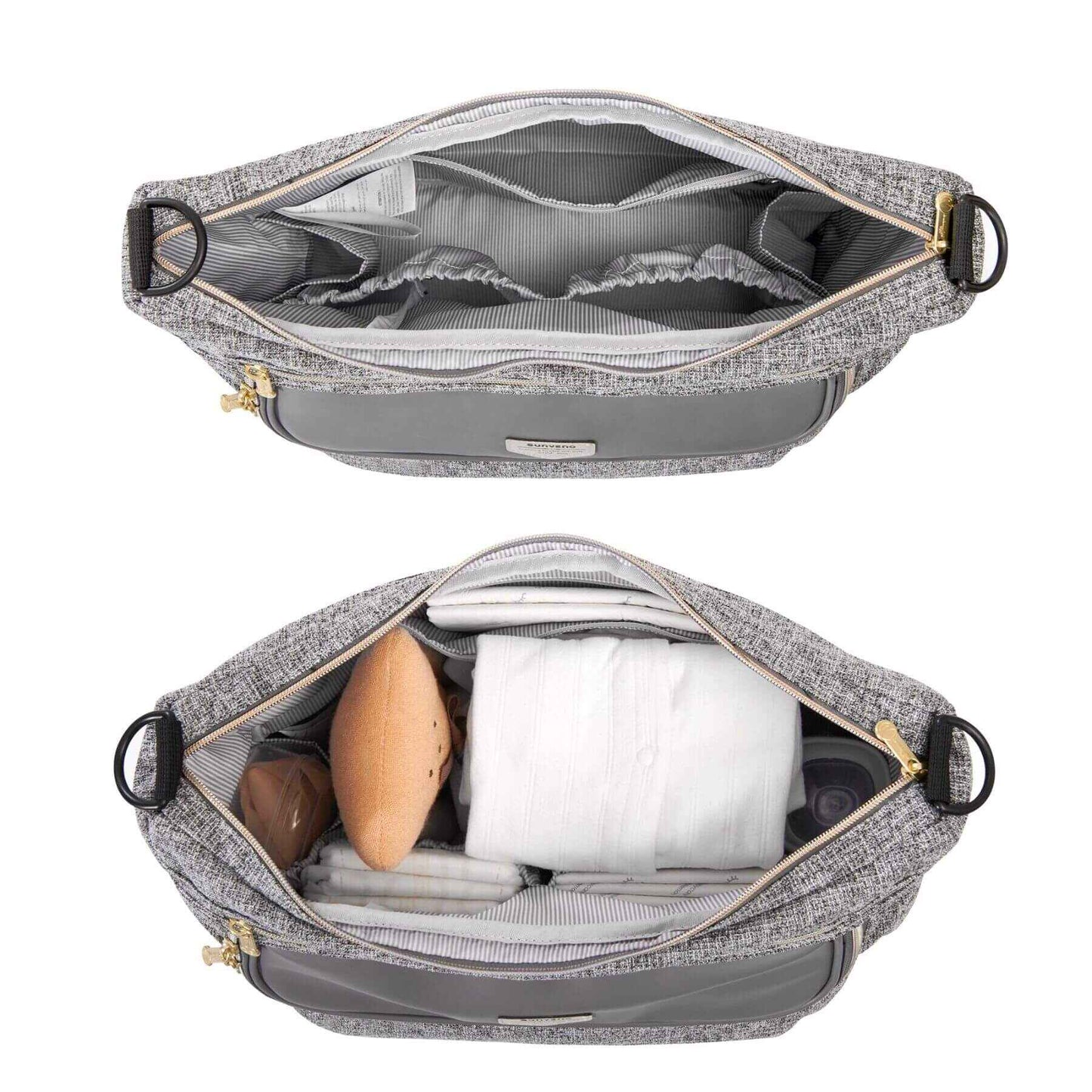 Tweed Luxe Stroller Organizer Grey open with contents on a white background