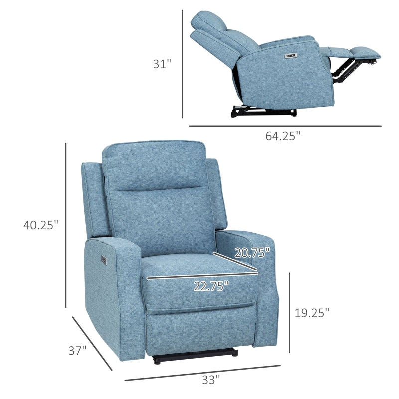 HOMCOM Electric Power Nursery Recliner | Blue Linen Upholstery Armchair