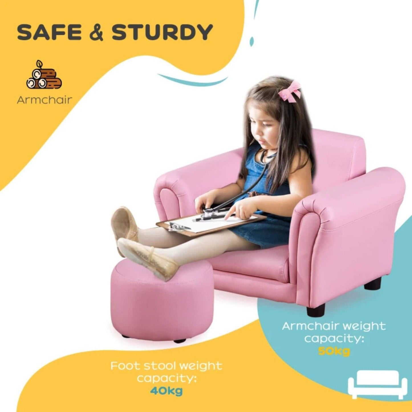 Girl Sitting on Qaba Upholstered Armchair for Kids 18M+ Pink