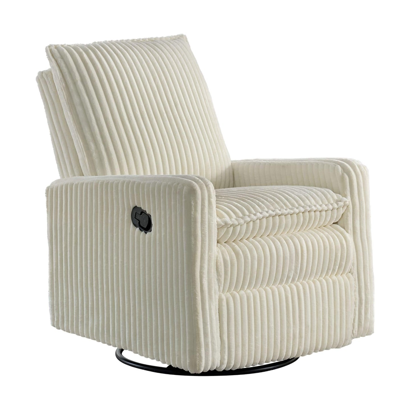 Uptown Nursery Swivel Rocker and Recliner in Corduroy Pearl White on a white background
