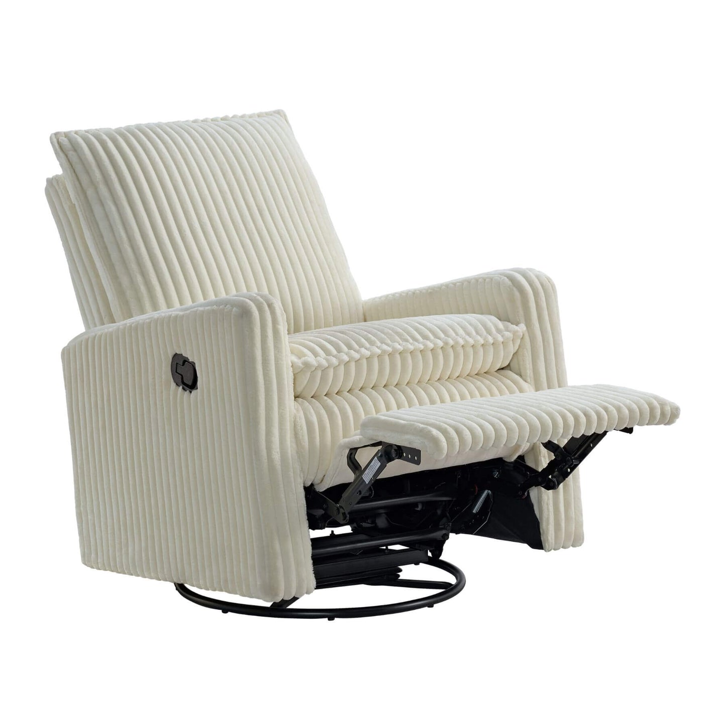 Uptown Nursery Swivel Rocker and Recliner in Corduroy Pearl White on a white background
