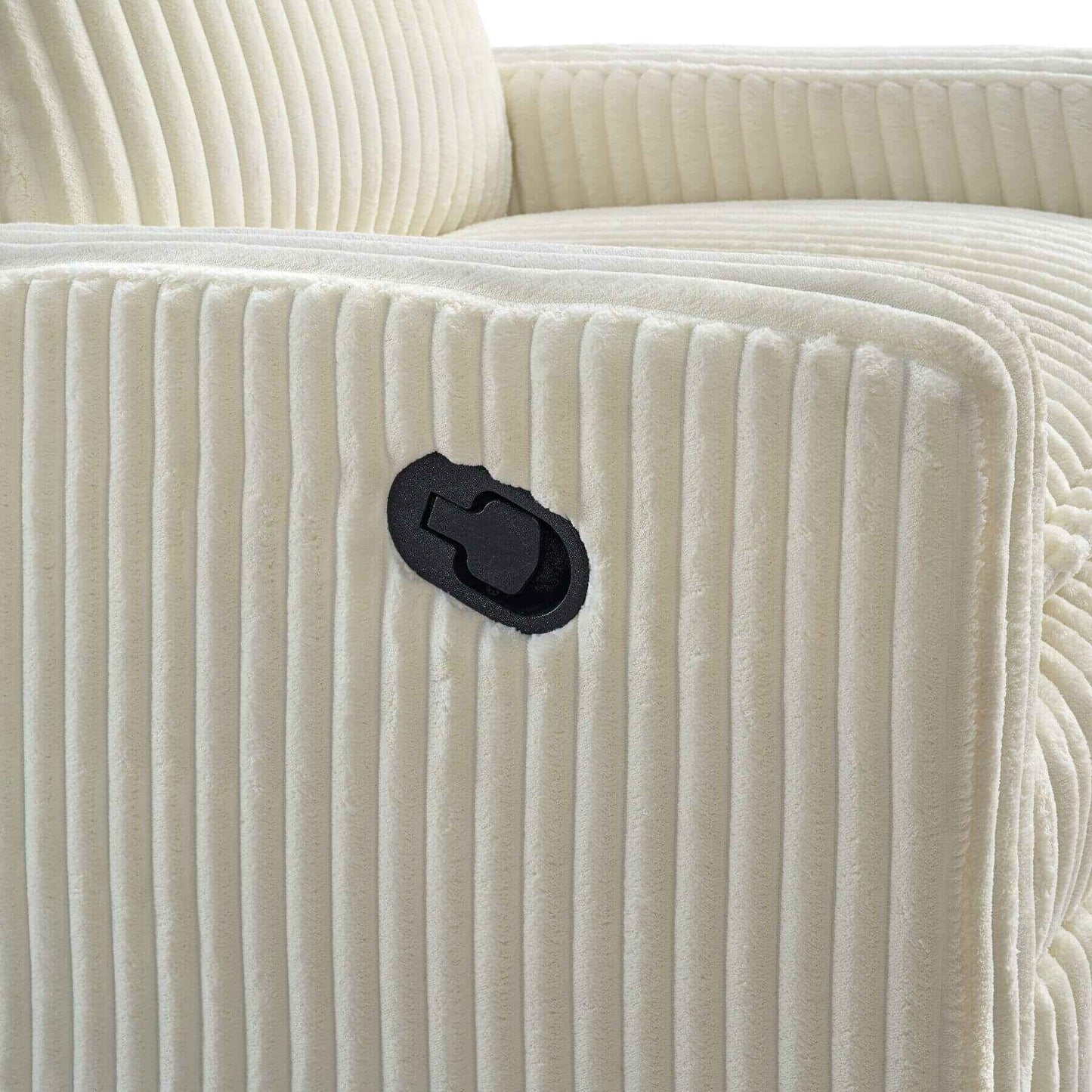 Detail of Uptown Nursery Swivel Rocker and Recliner in Corduroy Pearl White