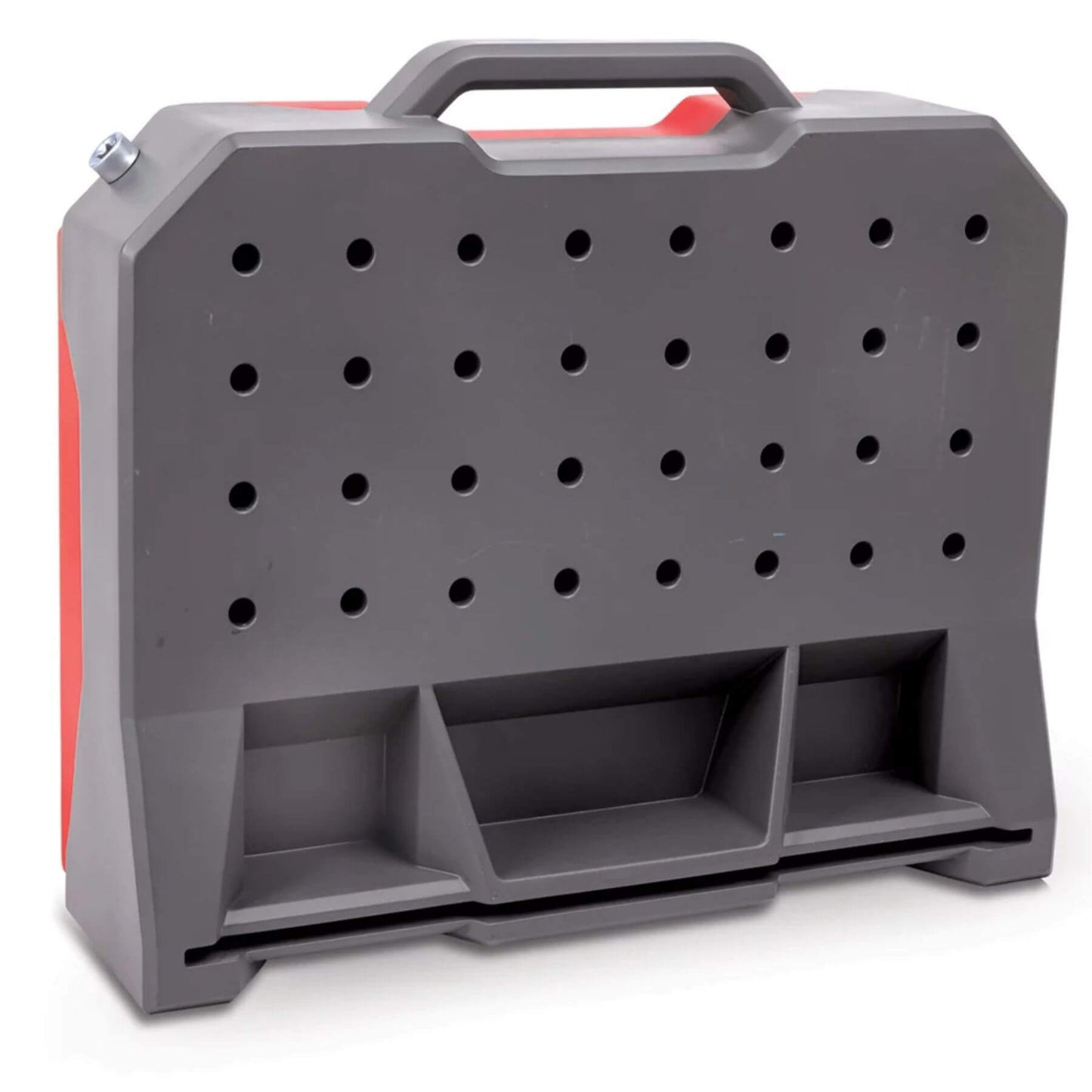 Gray tool case with red accents on a white background