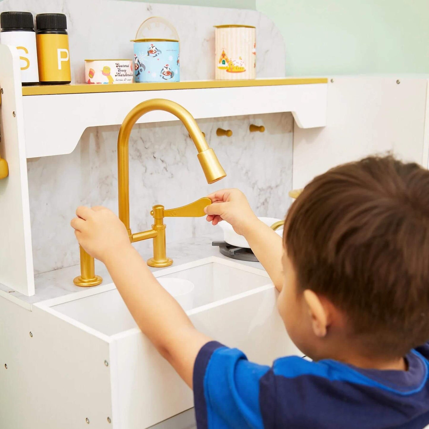 Boy Playing with Teamson Kids Versailles Play Kitchen with Refrigerator White