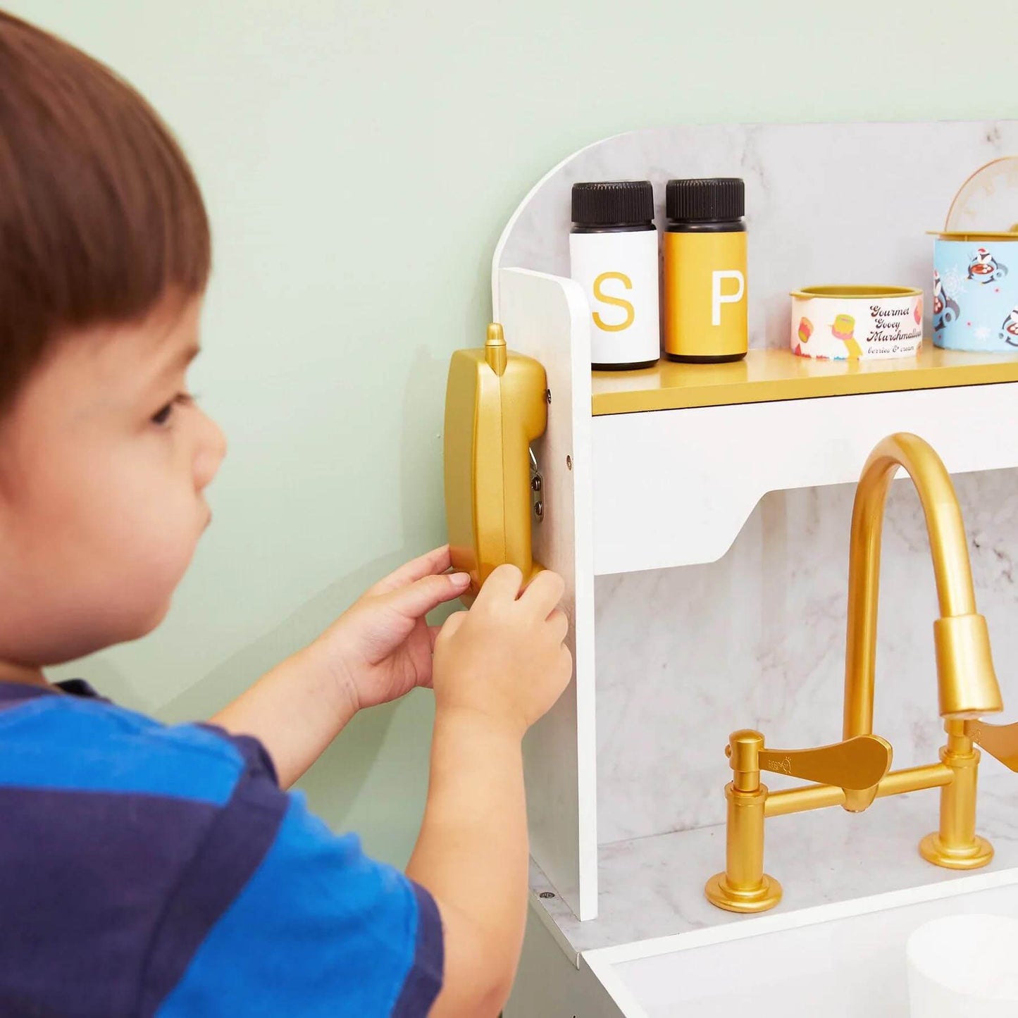Boy Playing with Teamson Kids Versailles Play Kitchen with Refrigerator White