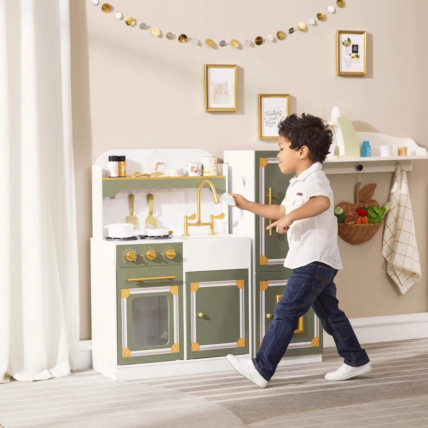 Boy Playing with Teamson Kids Versailles Wooden Deluxe Play Kitchen Olive Green