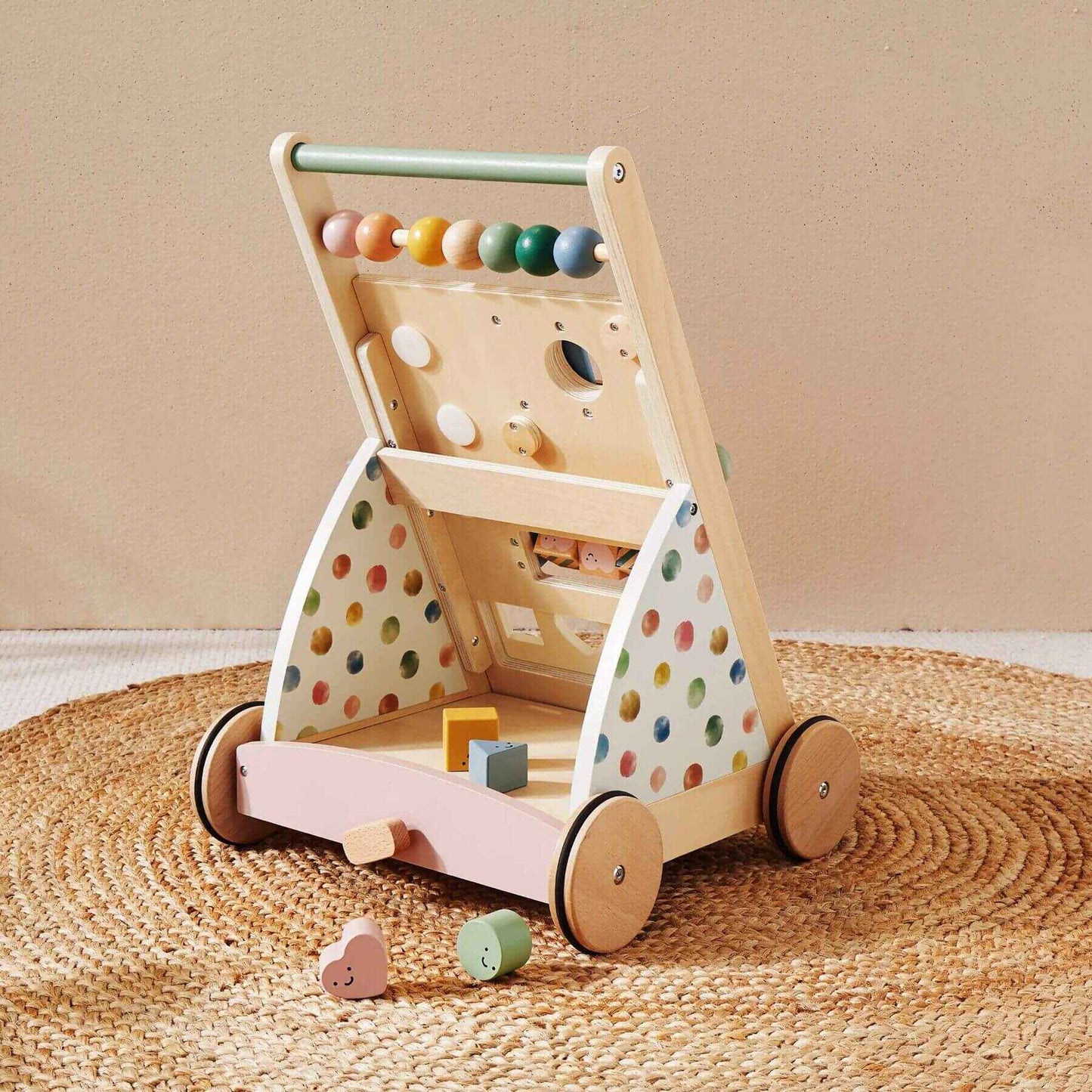 Tiny Land® Versatile Natural Wooden Baby Walker on a beige background