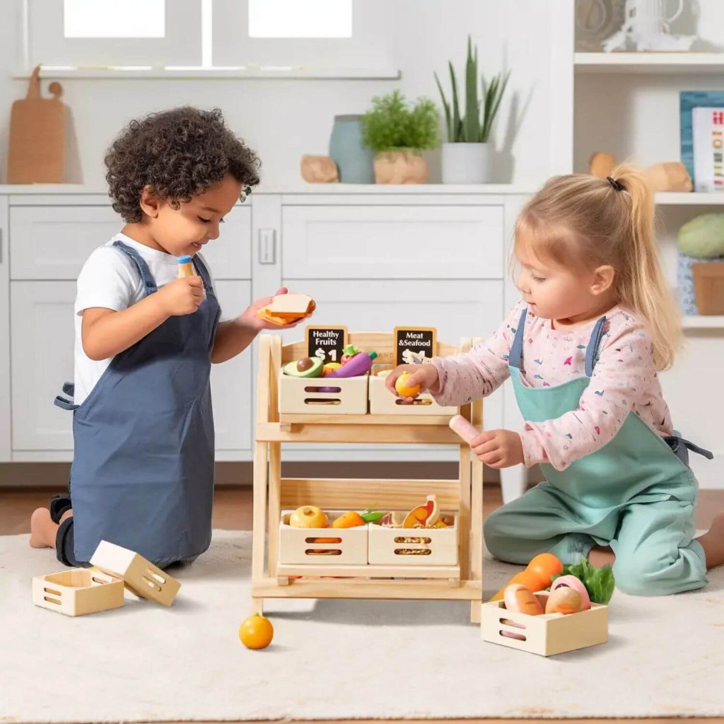 Girls Playing Toys around Tiny Land® Versatile Wooden Rack