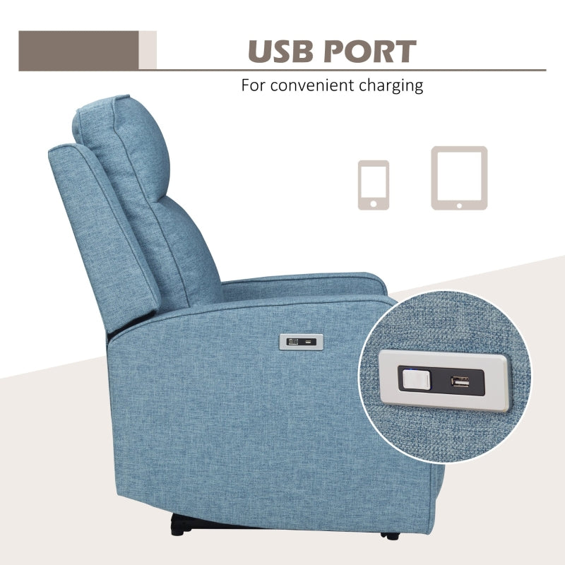 HOMCOM Electric Power Nursery Recliner | Blue Linen Upholstery Armchair