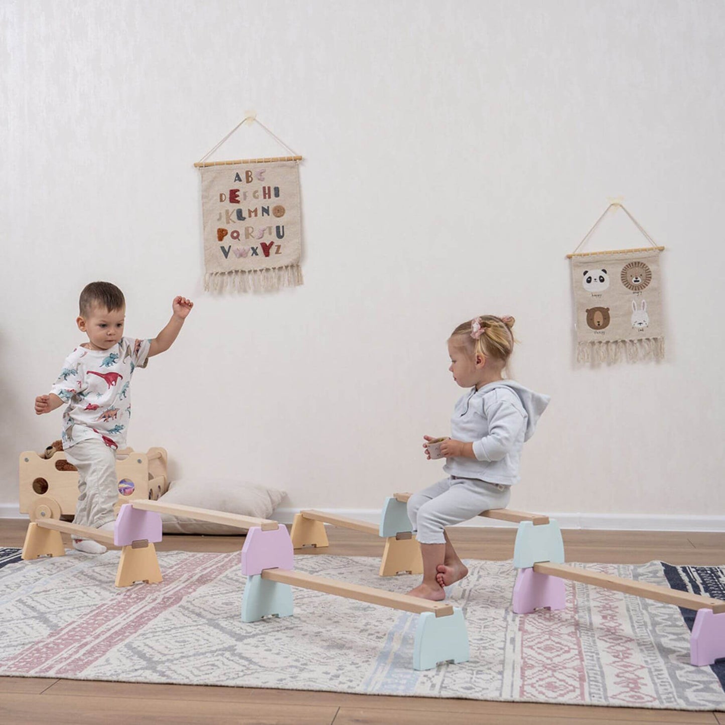 Kids Playing Wood and Hearts Balance Beam Set