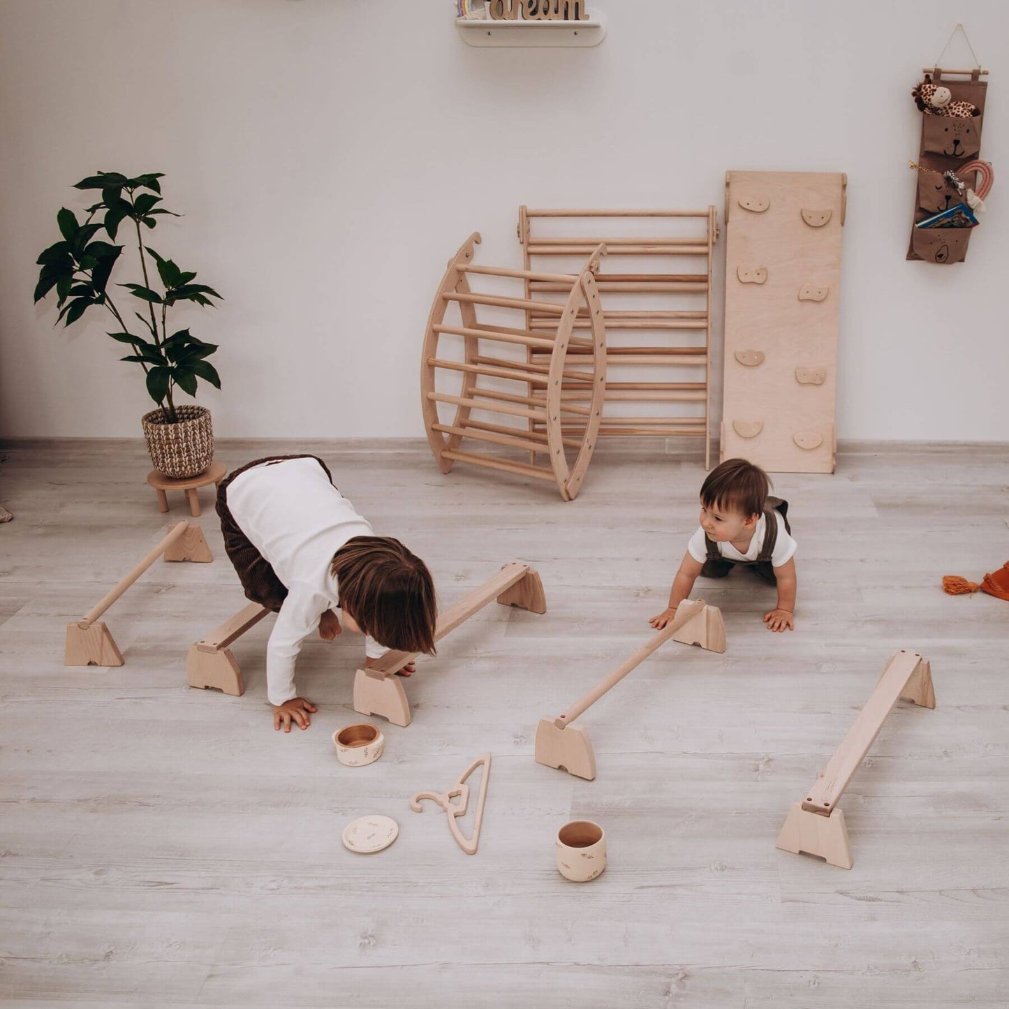Kids Playing Wood and Hearts Balance Beam Set