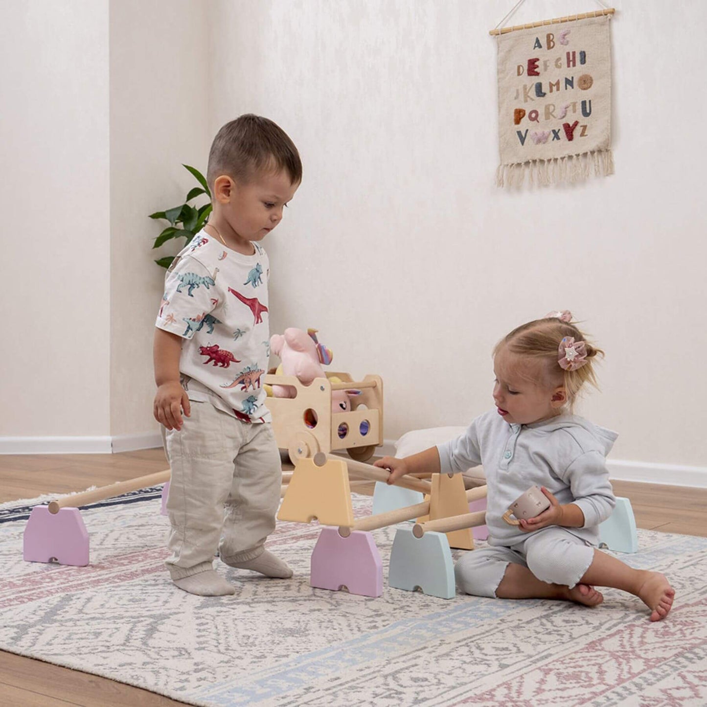 Kids Playing Wood and Hearts Balance Beam Set