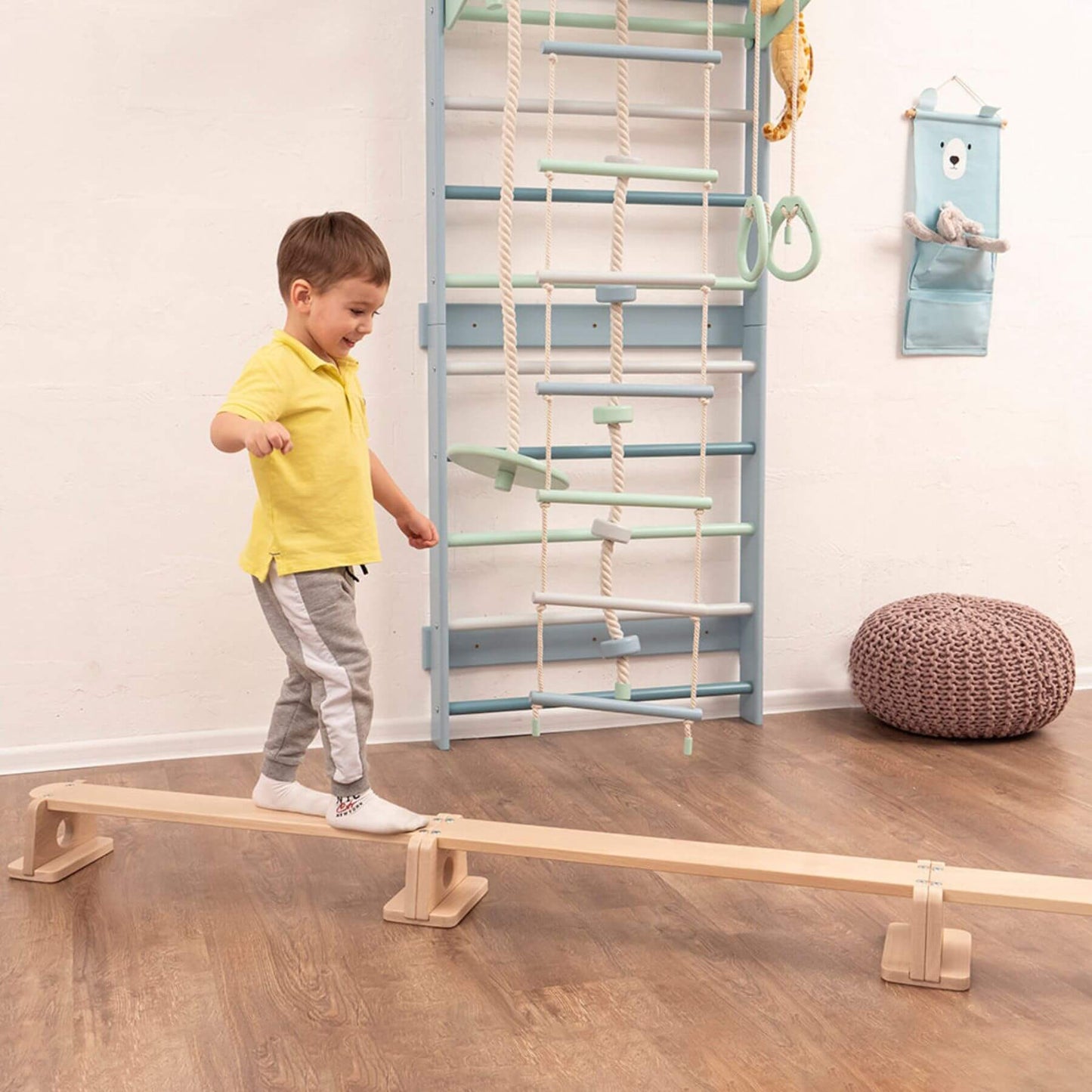 Boy Walking on Wood and Hearts Balance Beam Straight