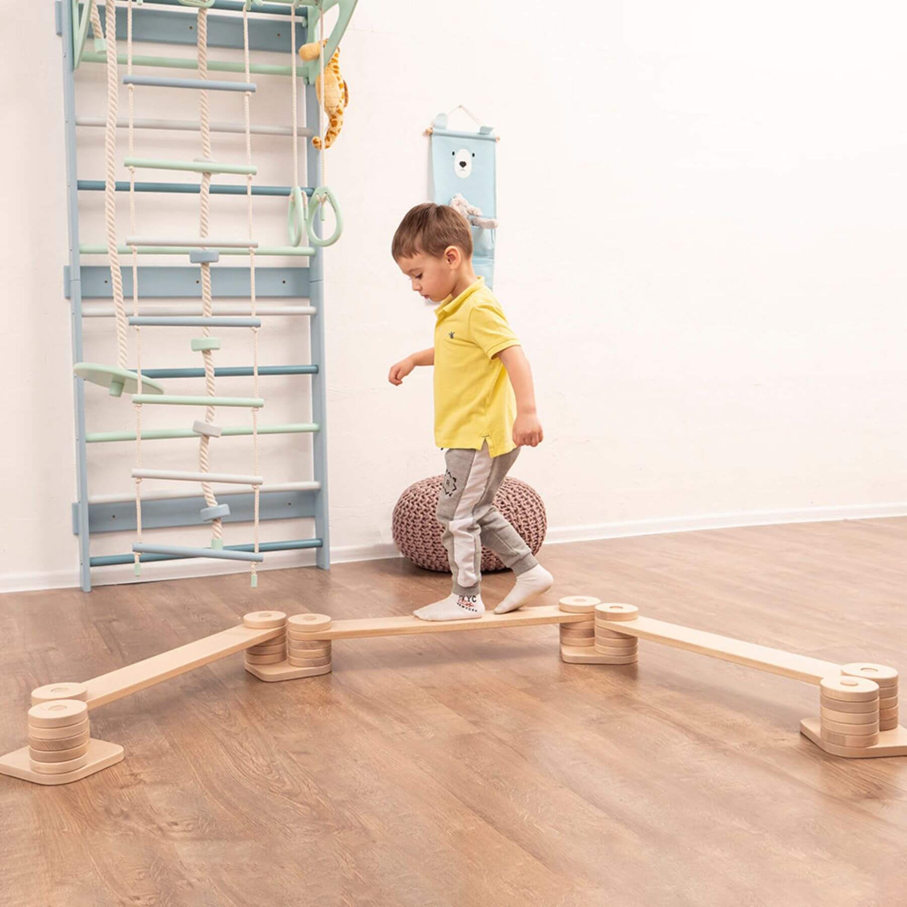 Boy Playing Wood and Hearts Balance Beam Zigzag