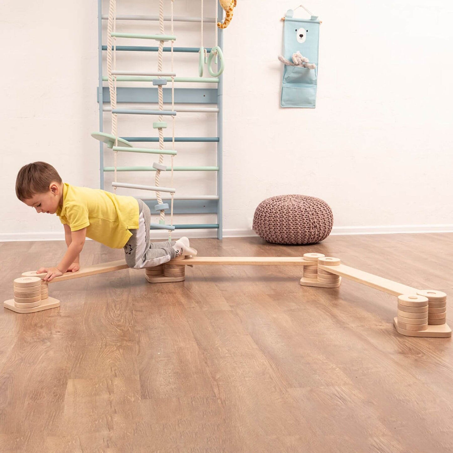 Boy Playing on Wood and Hearts Balance Beam Zigzag