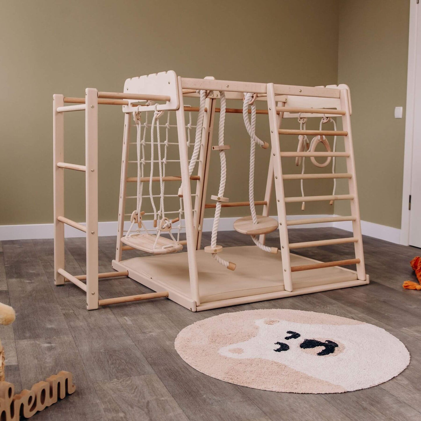 Wood and Hearts Indoor Jungle Gym - Trapeze + Ladder + Mat + Rope