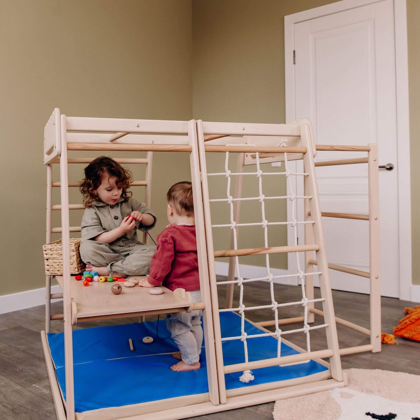 Kids Playing on Wood and Hearts Indoor Jungle Gym - Trapeze + Ladder + Ramp + Mat