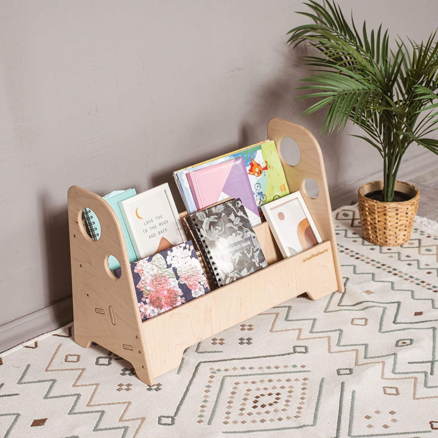 Wood and Hearts Kids Bookshelf in Natural Wood