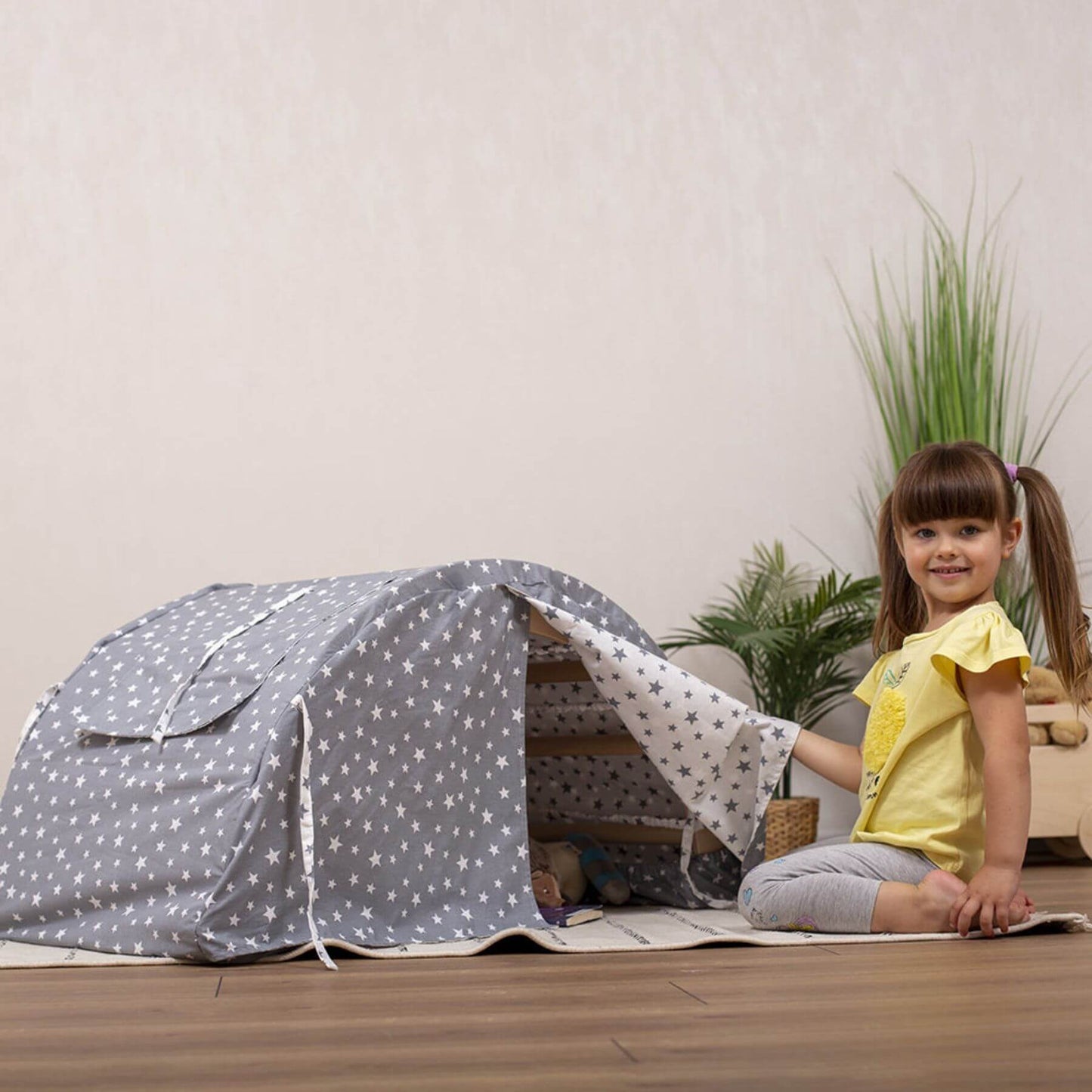 Girl Opening One Door of Tent on Wood and Hearts Large Climbing Arch Starry Night