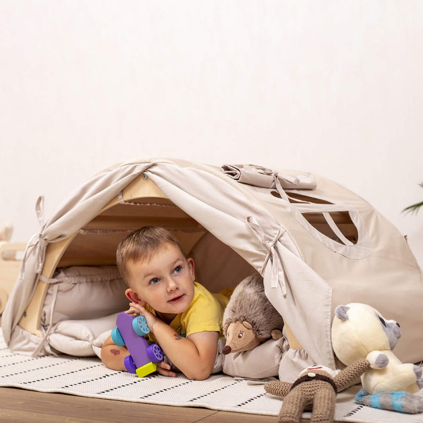 Boy Playing Under Wood and Hearts Large Climbing Arch w/ Pillow & Tent Sandy Bay