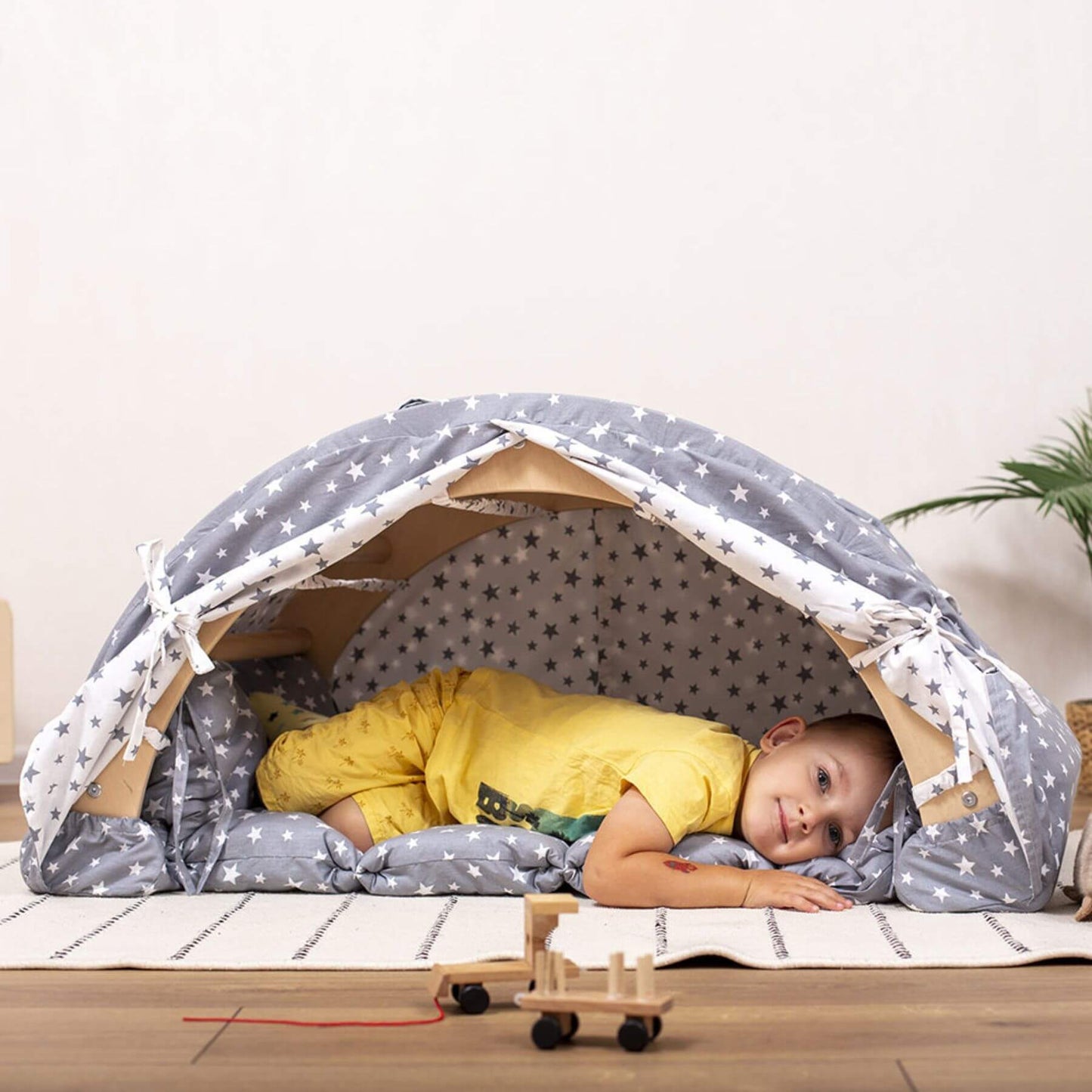 Boy Sleeping Under Wood and Hearts Large Climbing Arch w/ Pillow & Tent Starry Night