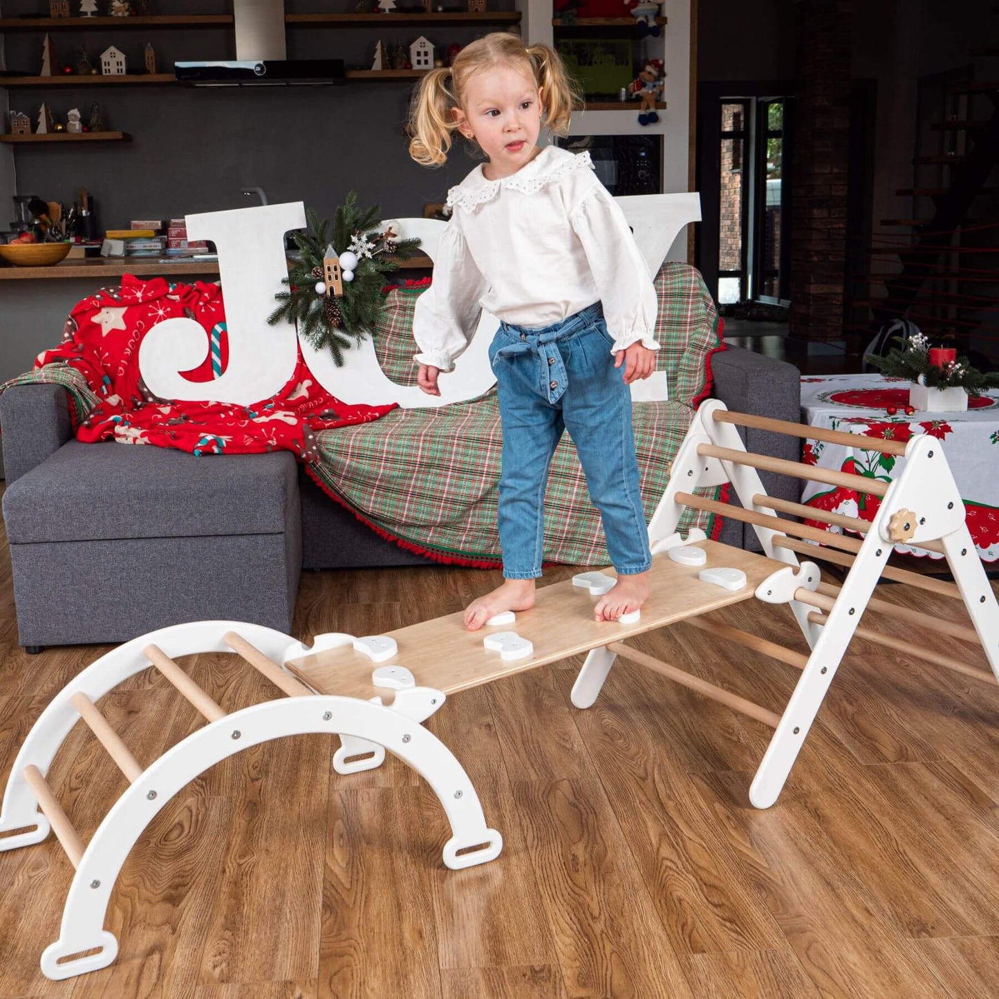 Girl Playing on Wood and Hearts Montessori Climbing Set of 3