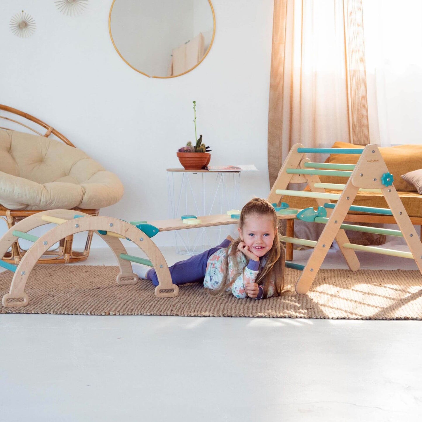 Girl Lying near Wood and Hearts Montessori Climbing Set of 3