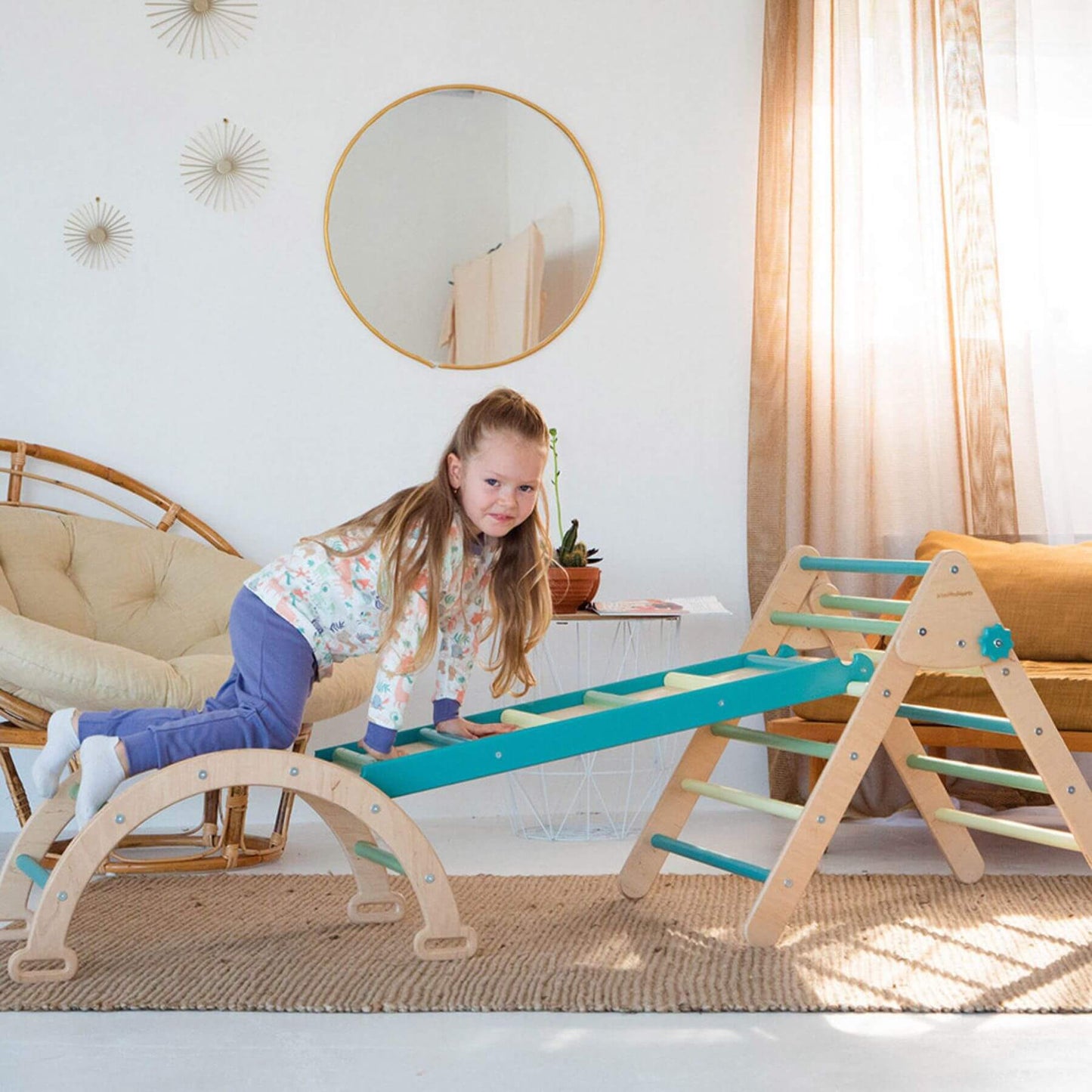 Girl Climbing on Wood and Hearts Montessori Climbing Set of 3