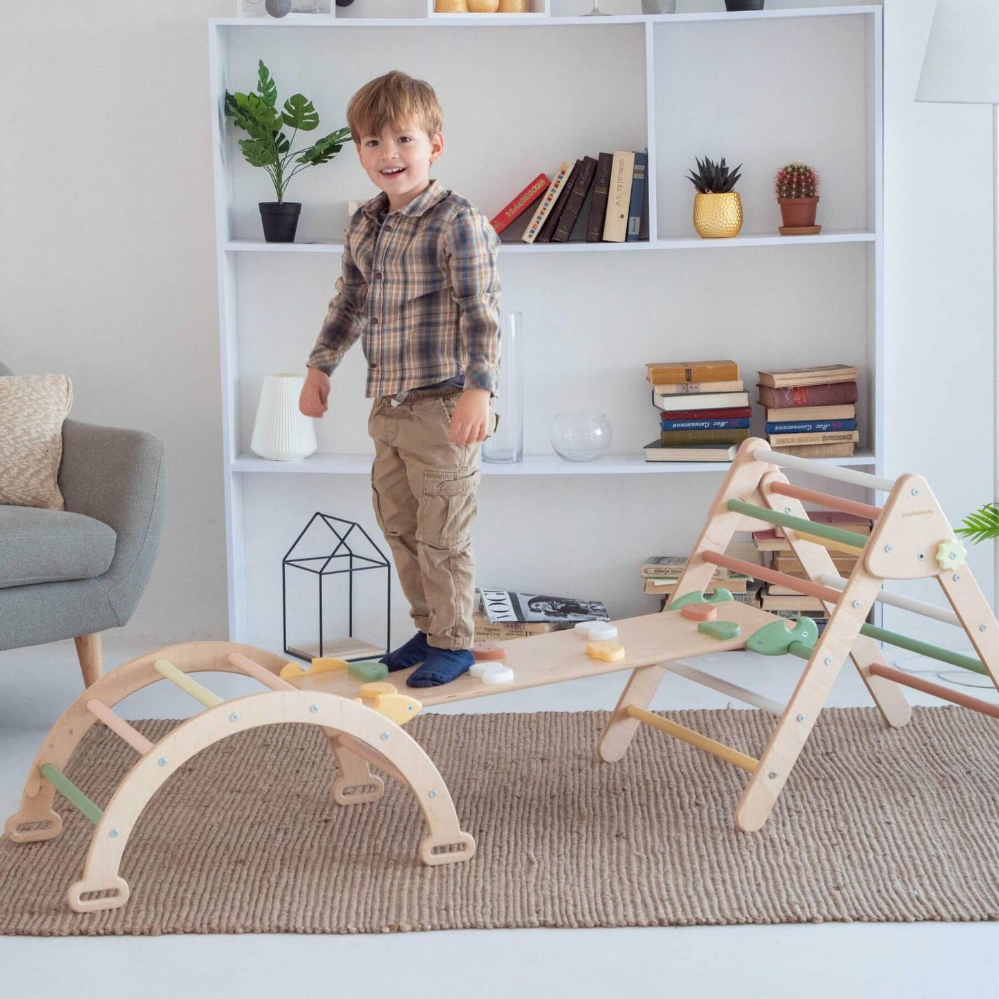 Boy Standing on Wood and Hearts Montessori Climbing Set of 3