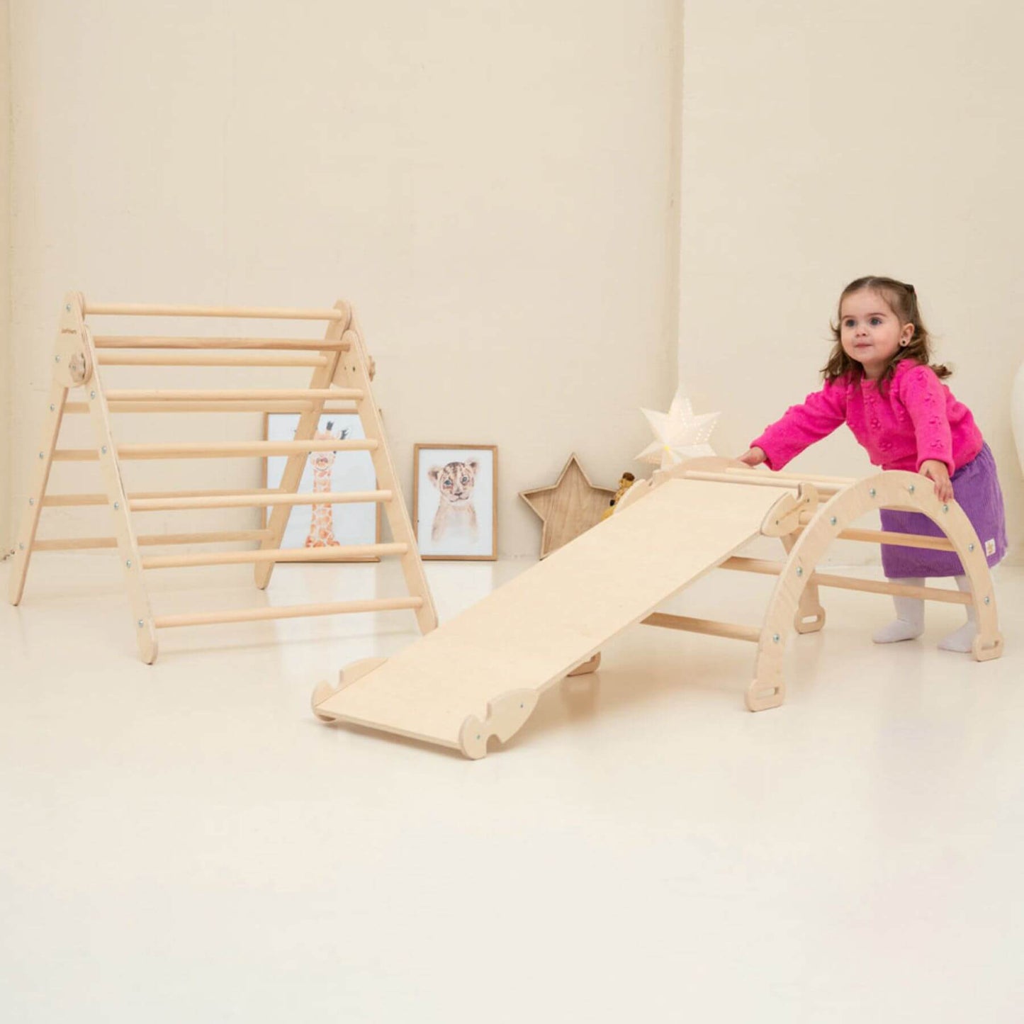 Girl Playing Wood and Hearts Montessori Climbing Set of 3