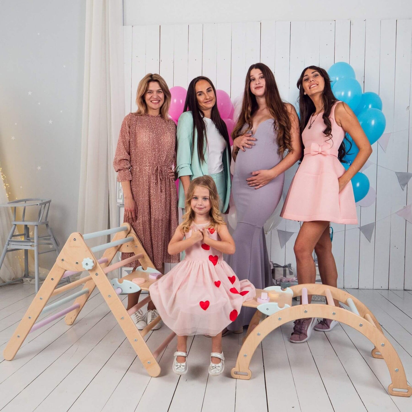 Moms Standing Behind Wood and Hearts Montessori Climbing Set of 3