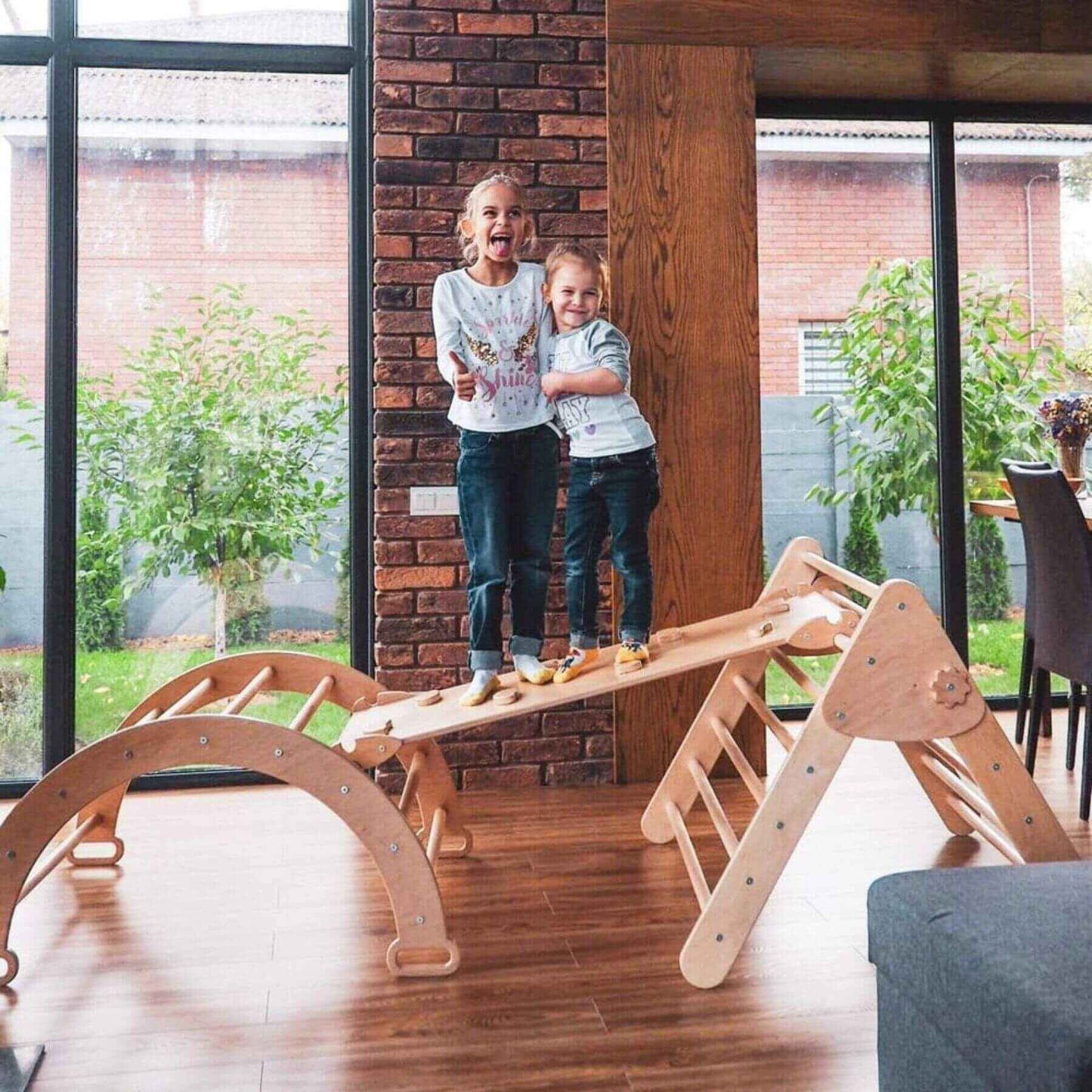 Girls Standing on Wood and Hearts Montessori Climbing Set of 3