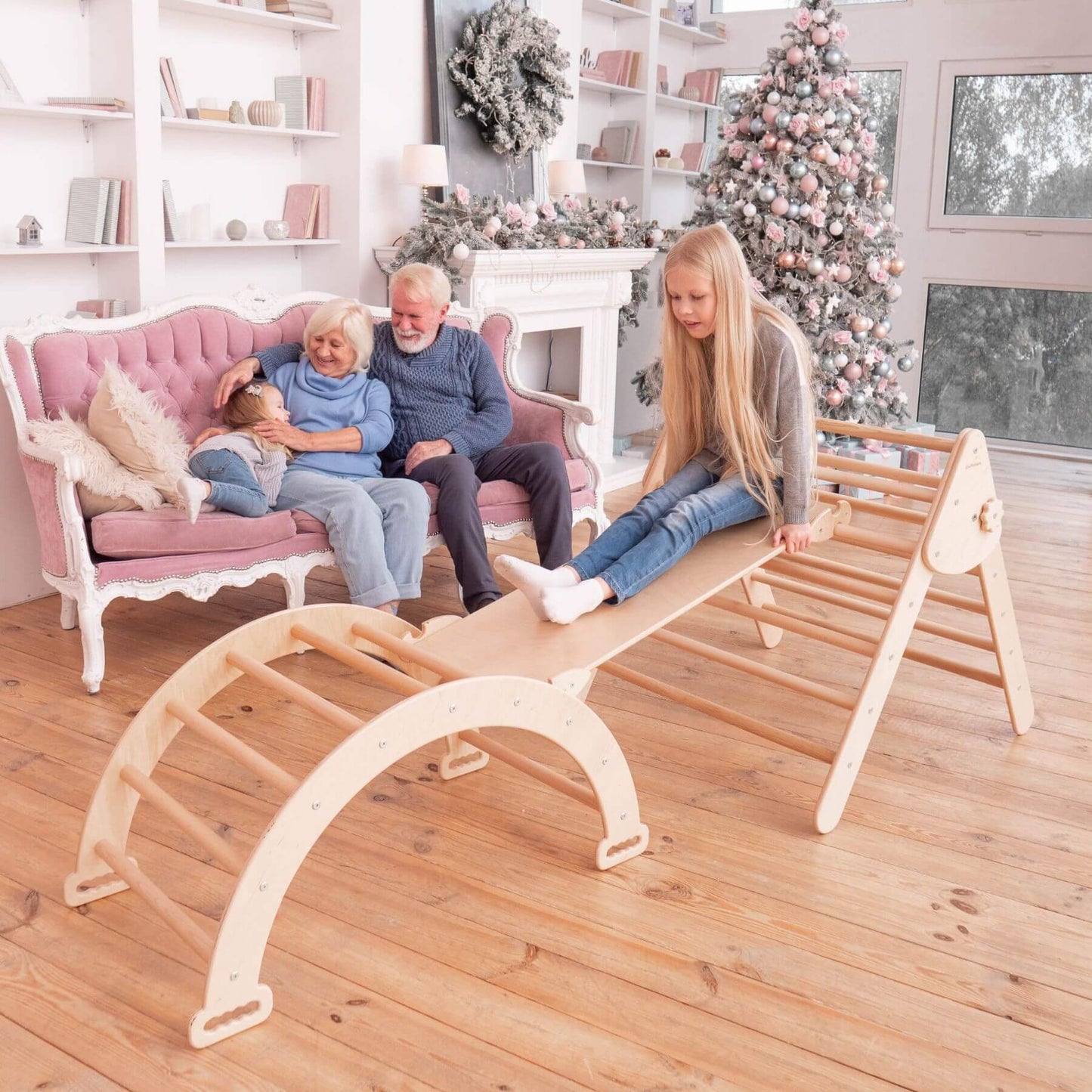 Girl Playing on Wood and Hearts Montessori Climbing Set of 3