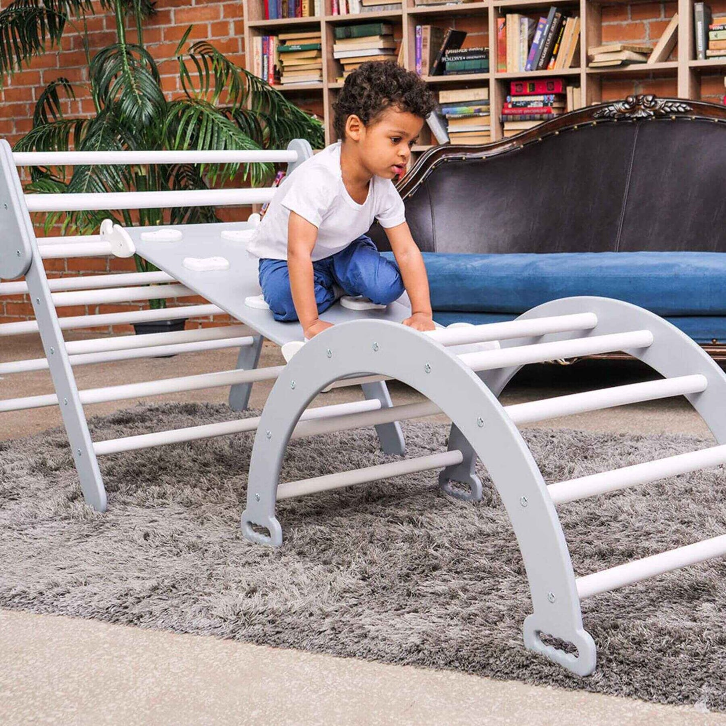 Boy Playing on Wood and Hearts Montessori Climbing Set of 3