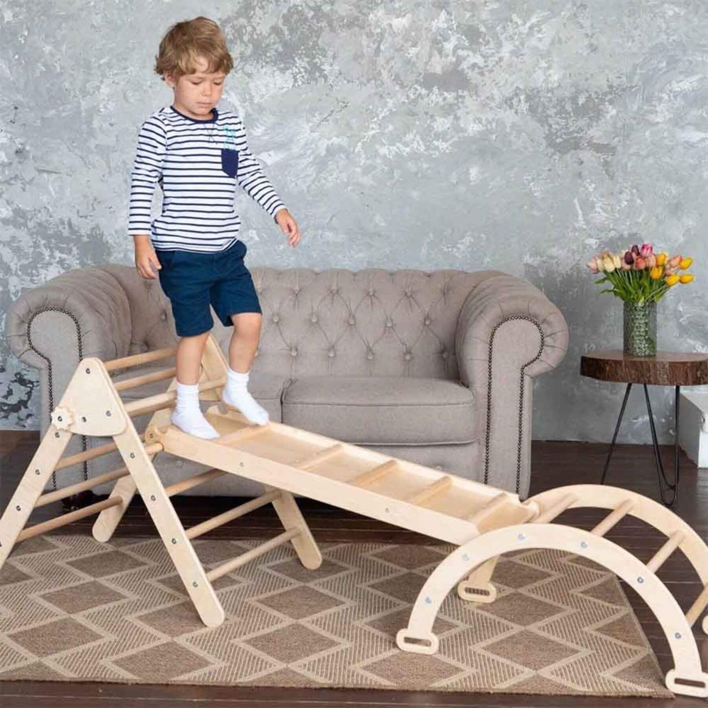 Boy Standing on Wood and Hearts Montessori Climbing Set of 3