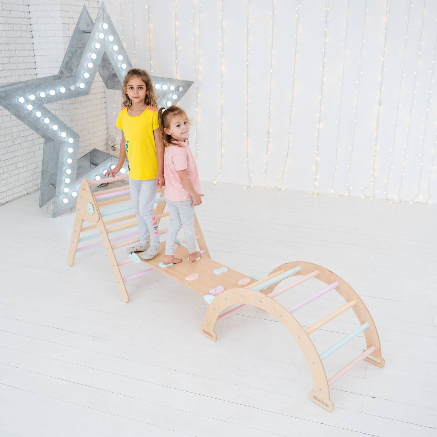 Girls Standing on Wood and Hearts Montessori Climbing Set of 3